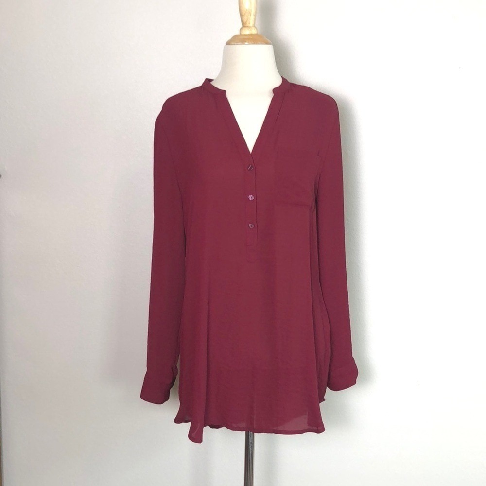 WORTHINGTON Women's Medium Maroon Roll Tab‎ Sleeves Popover Tunic Top Office